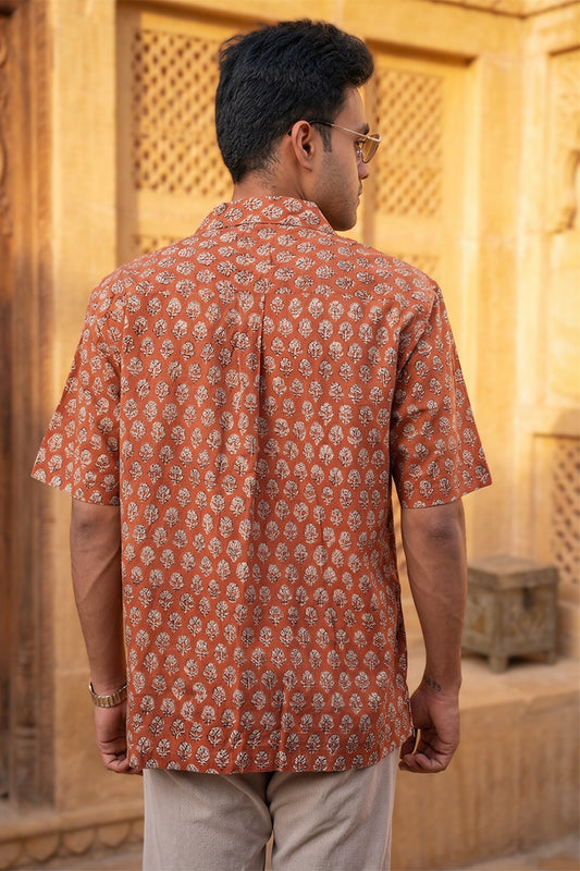 Dark Red - Floral Pattern - Cuban Collar - Short Sleeve Shirt