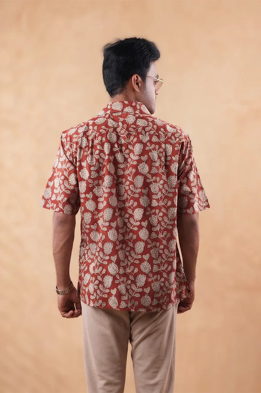 Floral Print Deep Red - Cuban Collar - Short Sleeve Shirt