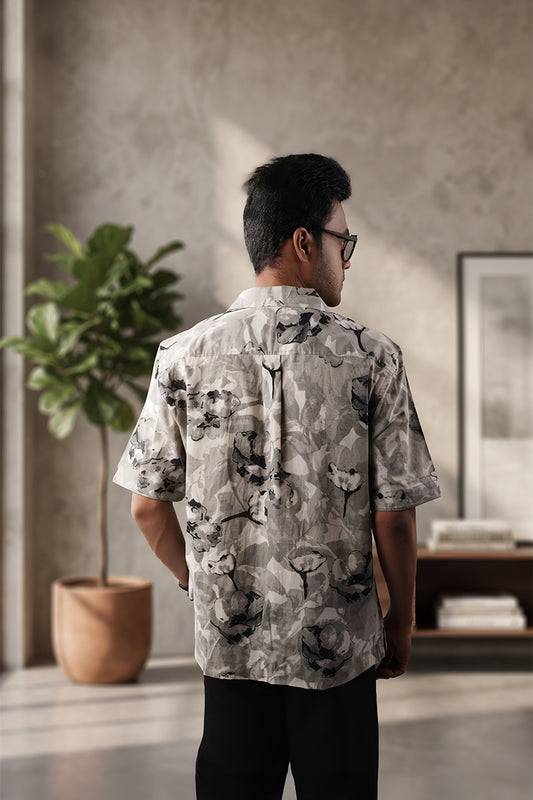Floral - Grey & Black Cuban Collar - Short Sleeve Shirt