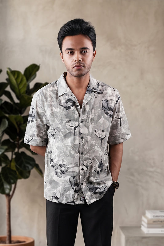 Floral - Grey & Black Cuban Collar - Short Sleeve Shirt