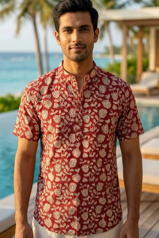 Red Floral - Short Sleeve - Chinese Collar Shirt