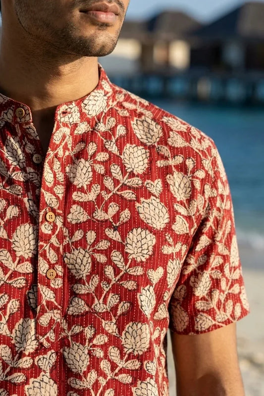 Red Floral - Short Sleeve - Chinese Collar Shirt