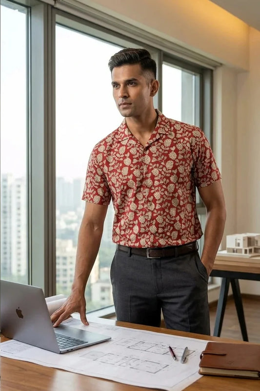 Floral Print Deep Red - Cuban Collar - Short Sleeve Shirt