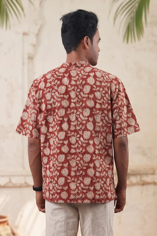 Red Floral - Short Sleeve - Chinese Collar Shirt