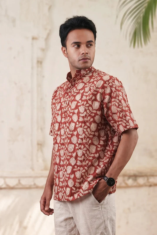 Red Floral - Short Sleeve - Chinese Collar Shirt