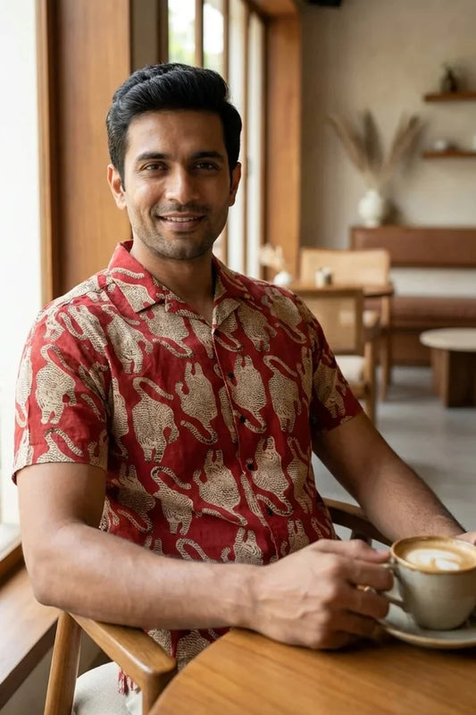 Tiger Print - Cuban Collar Red Short Sleeve Shirt