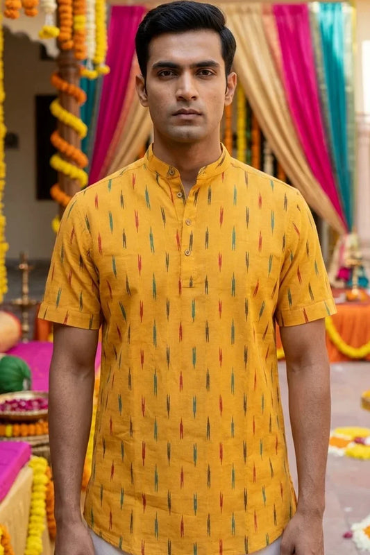 Yellow Striped - Chinese Collar - Short Sleeve Shirt