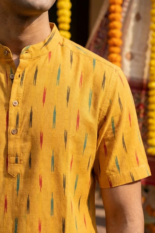 Yellow Striped - Chinese Collar - Short Sleeve Shirt