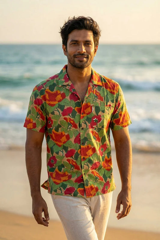Khakhi Colour - Floral - Cuban Collar - Short Sleeve Shirt