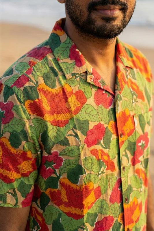 Khakhi Colour - Floral - Cuban Collar - Short Sleeve Shirt