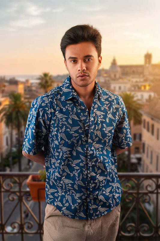 Bird in White - Blue Short Sleeve Shirt