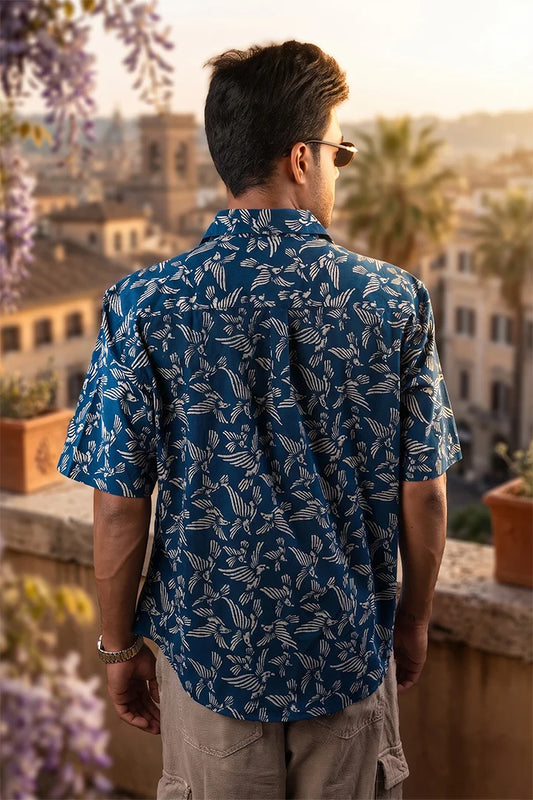 Bird in White - Blue Short Sleeve Shirt