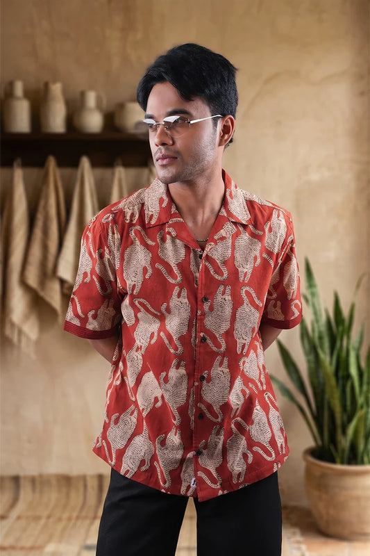 Tiger Print - Cuban Collar Red Short Sleeve Shirt