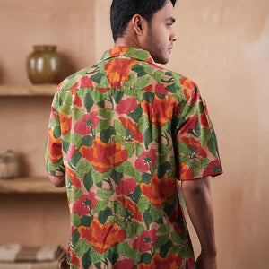 Khakhi Colour - Floral - Cuban Collar - Short Sleeve Shirt