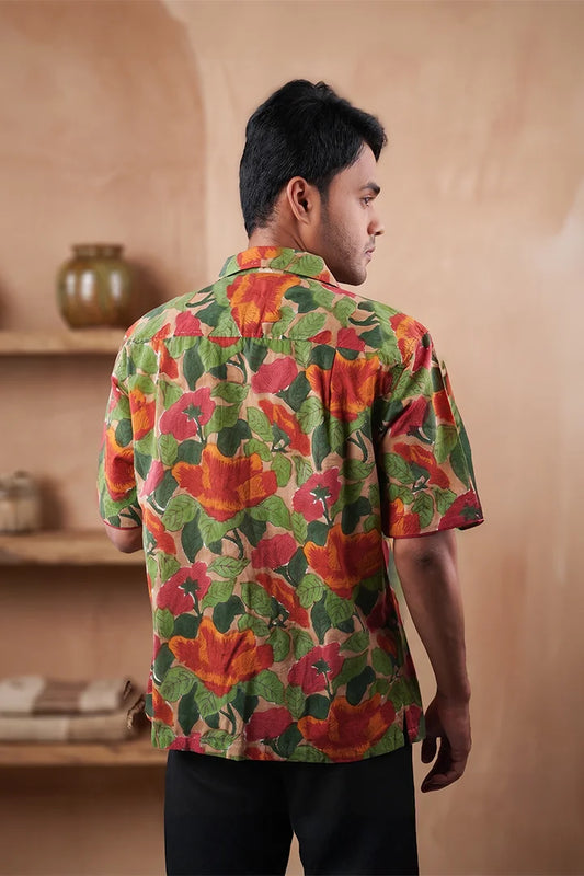 Khakhi Colour - Floral - Cuban Collar - Short Sleeve Shirt
