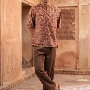Floral - Red Chinese Collar Short Sleeve Shirt
