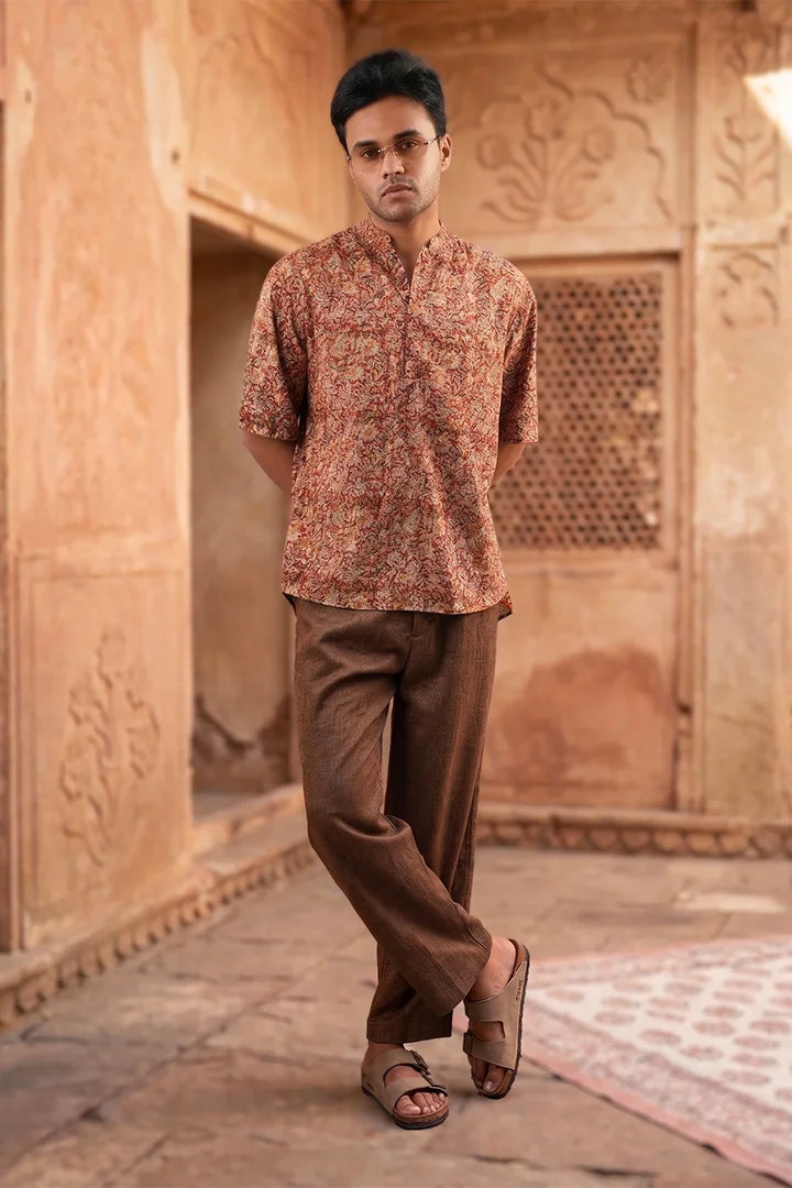 Floral - Red Chinese Collar Short Sleeve Shirt