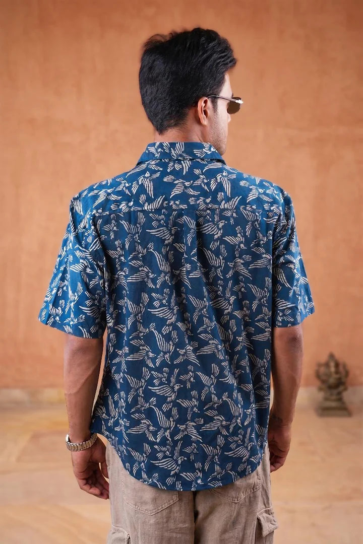 Bird in White - Blue Short Sleeve Shirt