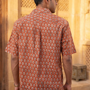 Dark Red - Floral Pattern - Cuban Collar - Short Sleeve Shirt
