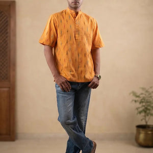Yellow Striped - Chinese Collar - Short Sleeve Shirt
