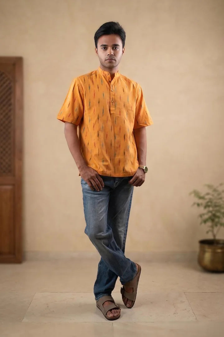 Yellow Striped - Chinese Collar - Short Sleeve Shirt