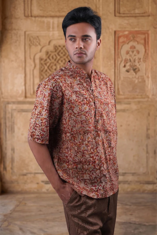 Floral - Red Chinese Collar Short Sleeve Shirt