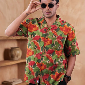 Khakhi Colour - Floral - Cuban Collar - Short Sleeve Shirt