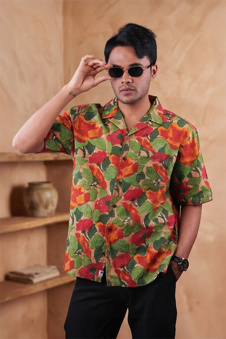 Khakhi Colour - Floral - Cuban Collar - Short Sleeve Shirt