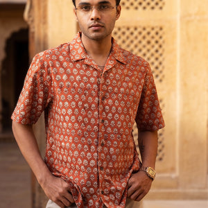 Dark Red - Floral Pattern - Cuban Collar - Short Sleeve Shirt