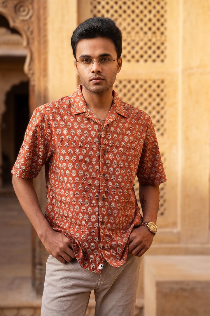 Dark Red - Floral Pattern - Cuban Collar - Short Sleeve Shirt