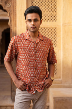 Dark Red - Floral Pattern - Cuban Collar - Short Sleeve Shirt