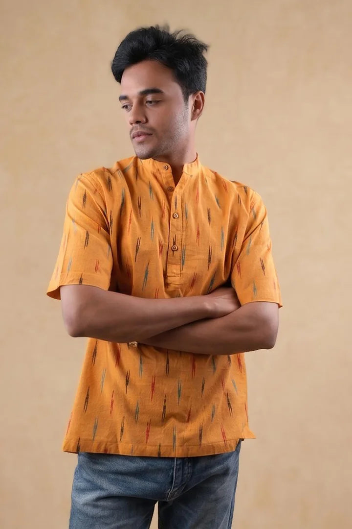Yellow Striped - Chinese Collar - Short Sleeve Shirt