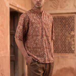 Floral - Red Chinese Collar Short Sleeve Shirt