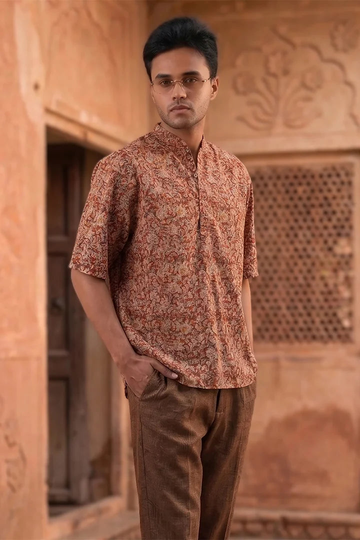 Floral - Red Chinese Collar Short Sleeve Shirt
