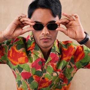 Khakhi Colour - Floral - Cuban Collar - Short Sleeve Shirt