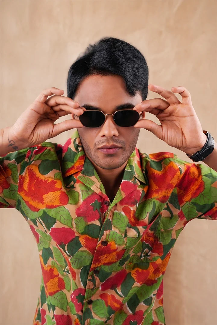 Khakhi Colour - Floral - Cuban Collar - Short Sleeve Shirt