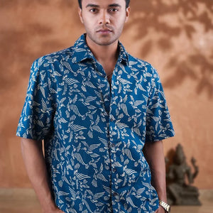 Bird in White - Blue Short Sleeve Shirt