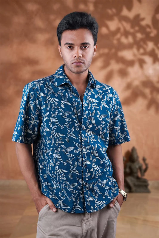 Bird in White - Blue Short Sleeve Shirt