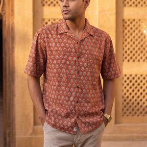 Dark Red - Floral Pattern - Cuban Collar - Short Sleeve Shirt