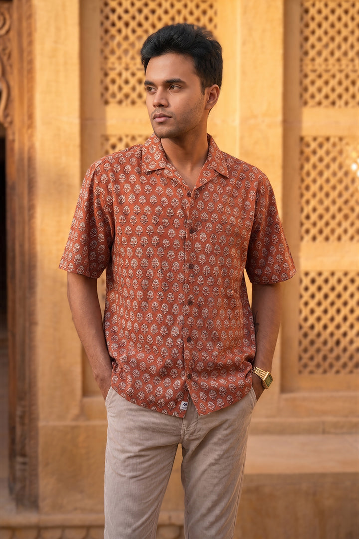 Dark Red - Floral Pattern - Cuban Collar - Short Sleeve Shirt