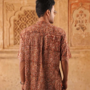 Floral - Red Chinese Collar Short Sleeve Shirt