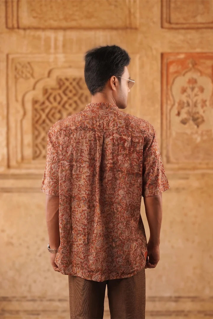 Floral - Red Chinese Collar Short Sleeve Shirt