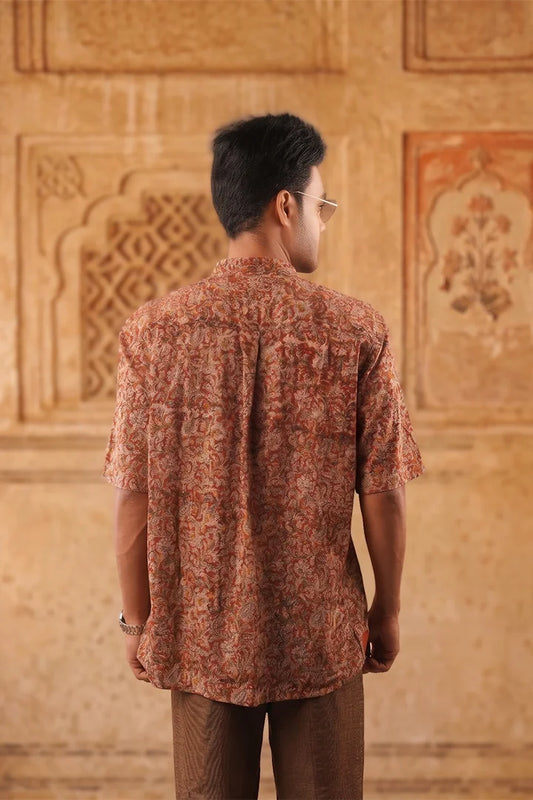 Floral - Red Chinese Collar Short Sleeve Shirt