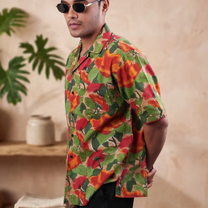 Khakhi Colour - Floral - Cuban Collar - Short Sleeve Shirt