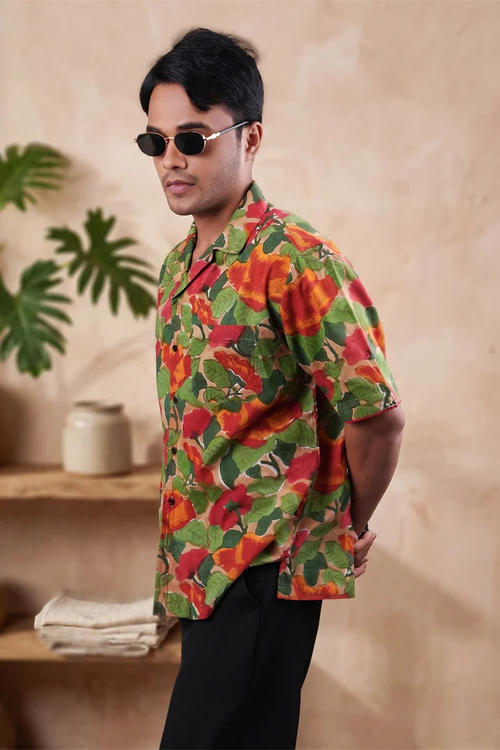 Khakhi Colour - Floral - Cuban Collar - Short Sleeve Shirt