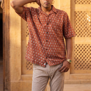 Dark Red - Floral Pattern - Cuban Collar - Short Sleeve Shirt
