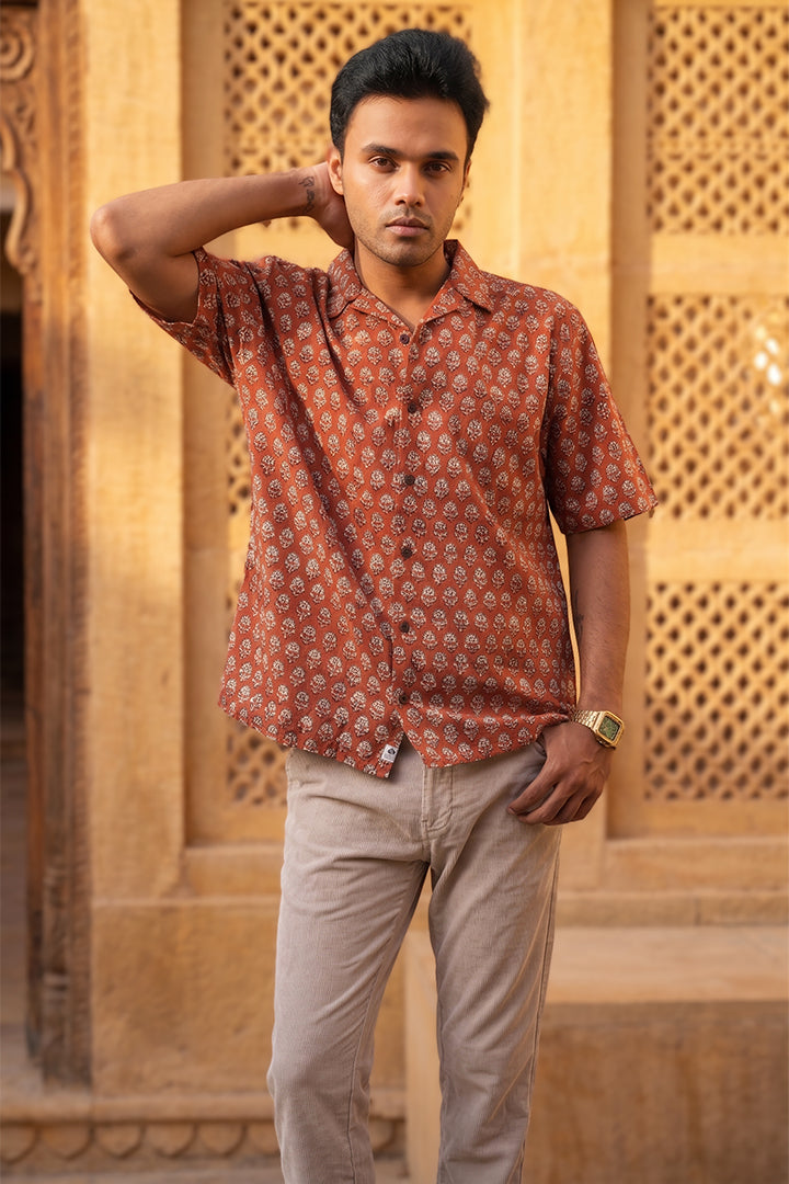 Dark Red - Floral Pattern - Cuban Collar - Short Sleeve Shirt