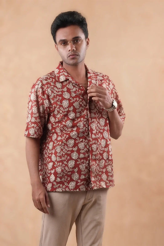 Floral Print Deep Red - Cuban Collar - Short Sleeve Shirt