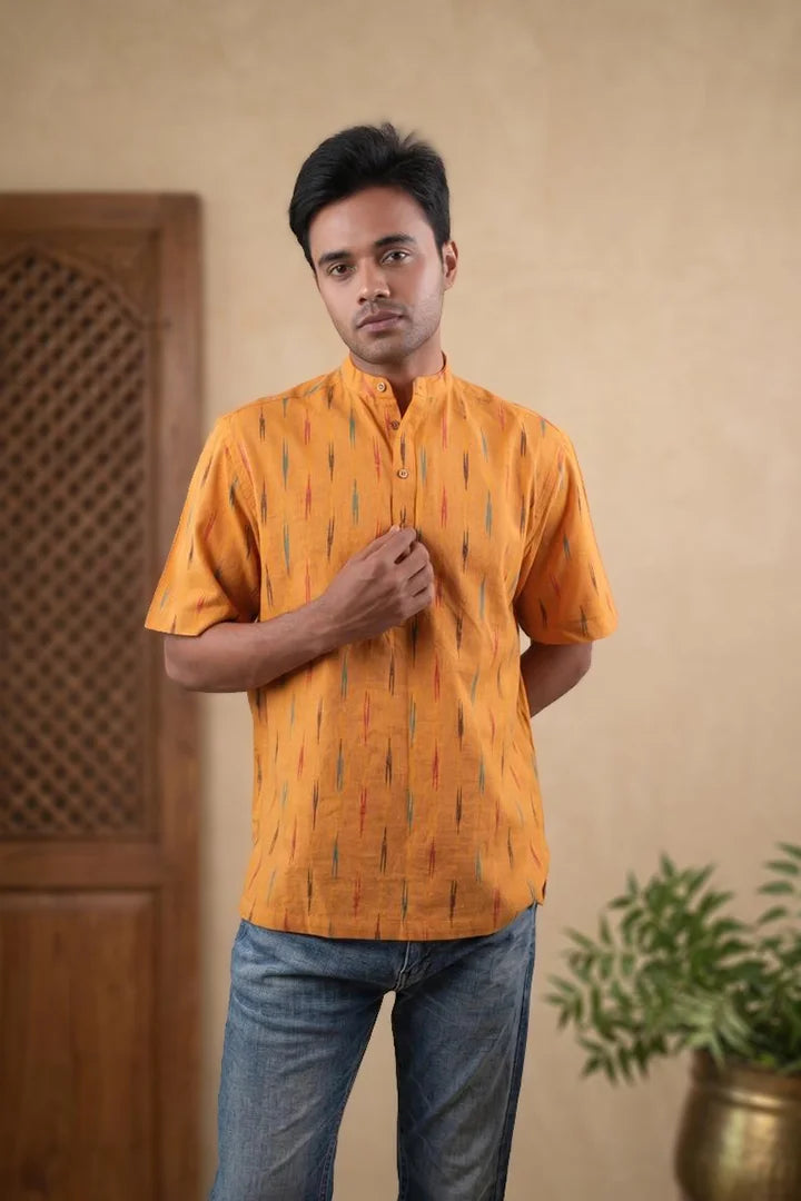 Yellow Striped - Chinese Collar - Short Sleeve Shirt
