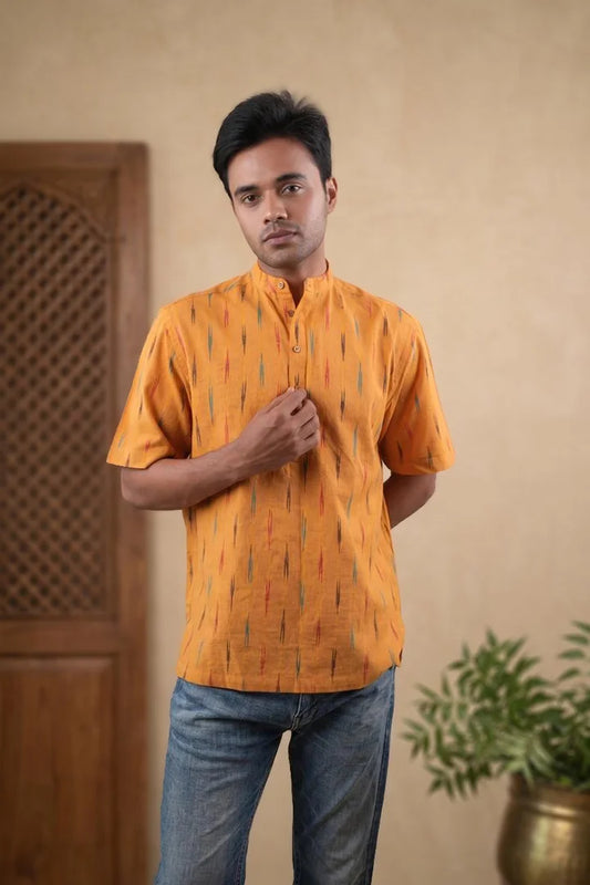 Yellow Striped - Chinese Collar - Short Sleeve Shirt